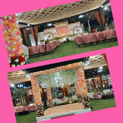 Beautiful floral decoration and modern wedding stage setup by Vishal Tent House